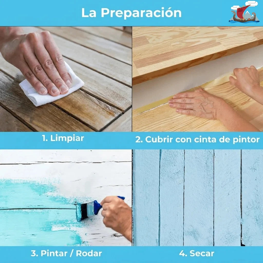 Pasos para pintar madera: limpieza, cubrir con cinta, pintar y secar.