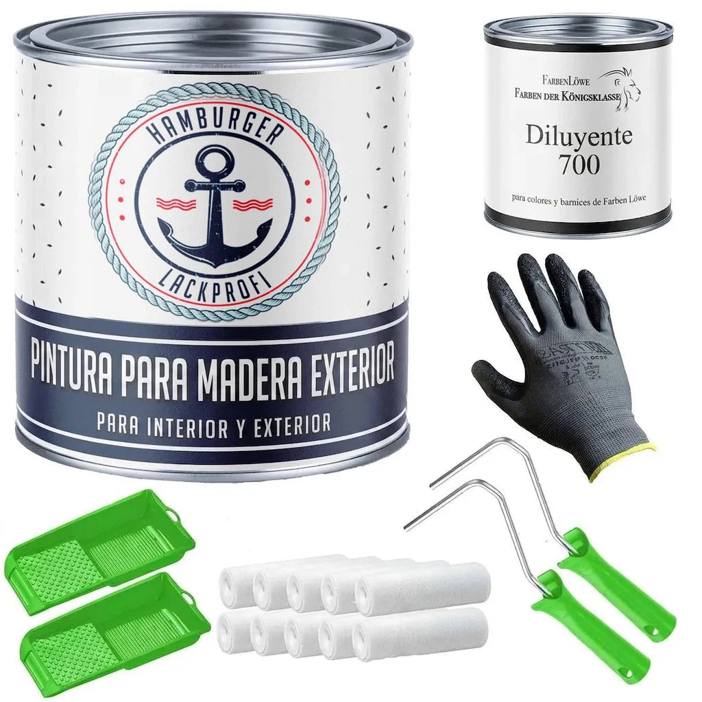 Kit de pintura para madera: pintura protectora, diluyente, guantes, rodillos de pintura y bandejas verdes.