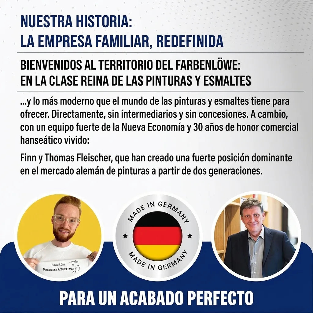 Imagen de Finn y Thomas Fleischer y sello Made in Germany, con texto alemán sobre su empresa de pinturas.
