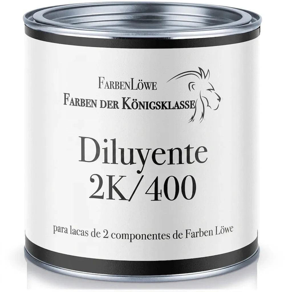 Bote de diluyente FarbenLöwe 2K/400 para pinturas de dos componentes, con etiqueta blanco y negro.