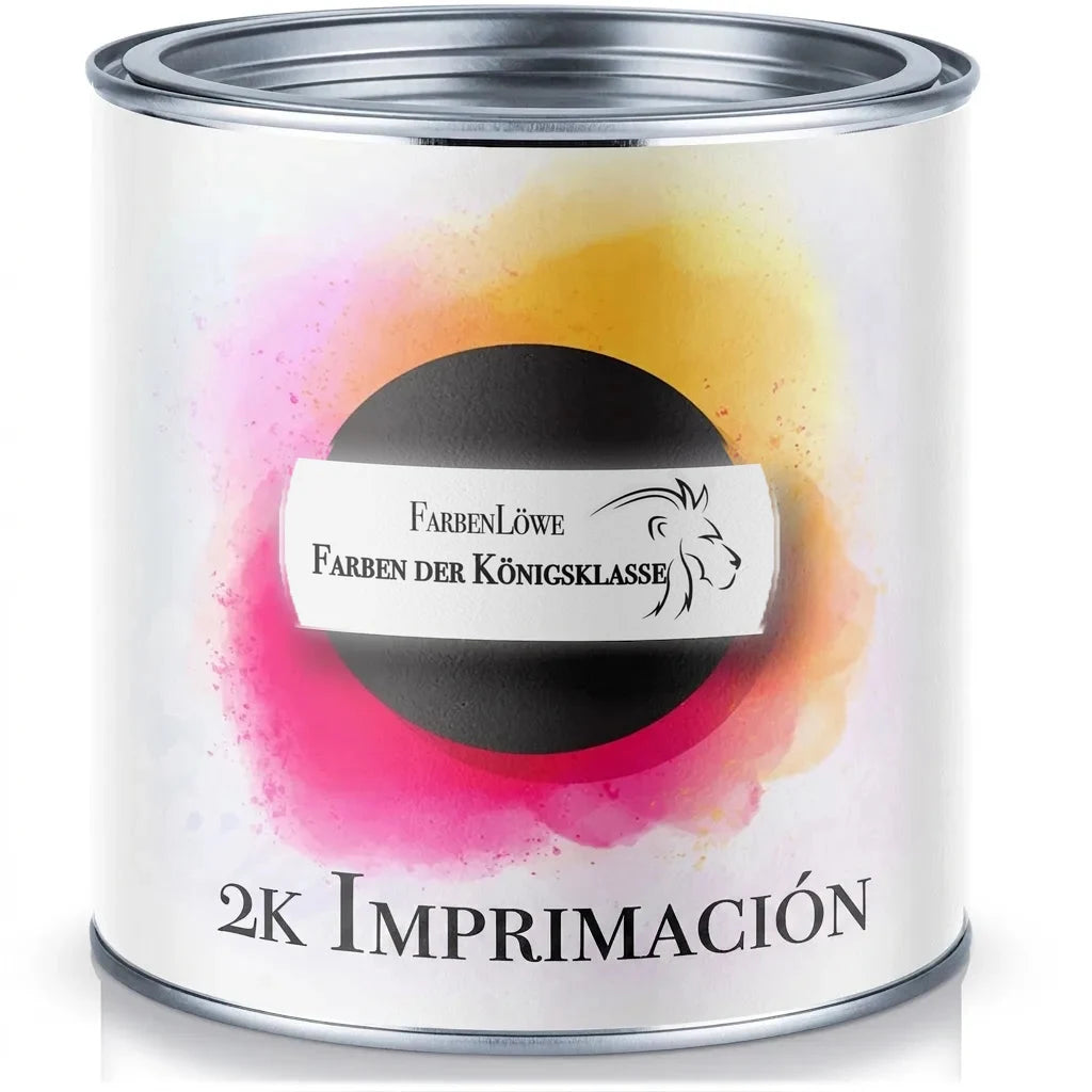 Lata de pintura blanca de FarbenLöwe con imprimación 2K, salpicaduras de color magenta y amarillo.