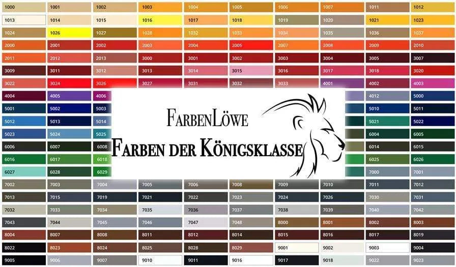 Paleta de colores con códigos numéricos, la marca Farbenlöwe y el eslogan 'Colores de la Clase Real'.