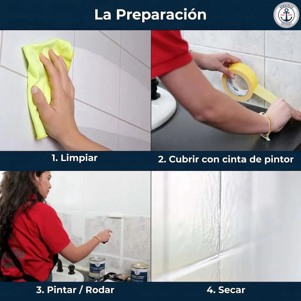 Pasos para preparar y pintar azulejos: 1. Limpiar, 2. Cubrir con cinta de pintor, 3. Pintar/Rodar, 4. Secar.