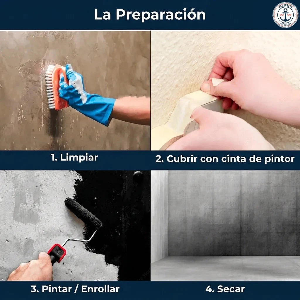 Pasos de preparación para pintar: limpiar, cubrir con cinta, pintar/rodar y secar.