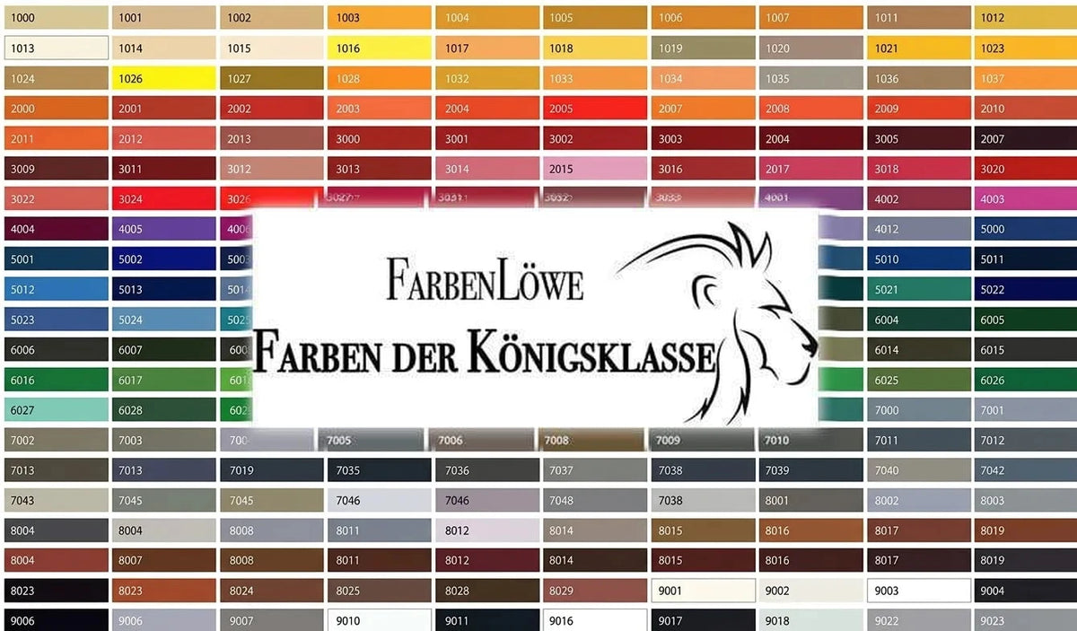 Carta de colores con muestras y códigos, logo de león y el texto 'FarbenLöwe Farben der Königsklasse'.