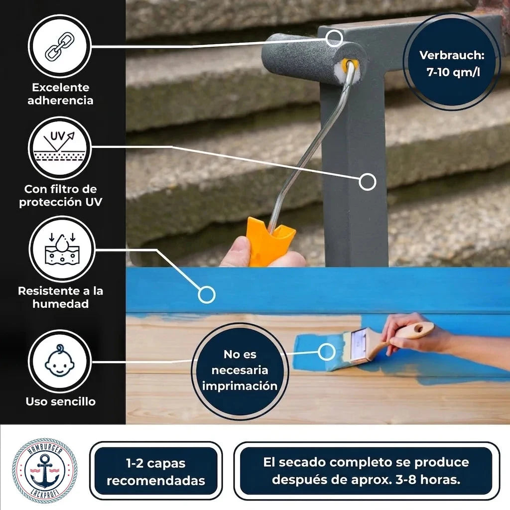 Pintura en uso sobre metal y madera. Destaca: excelente adherencia, protección UV, resistente a humedad, fácil aplicación, sin imprimación,