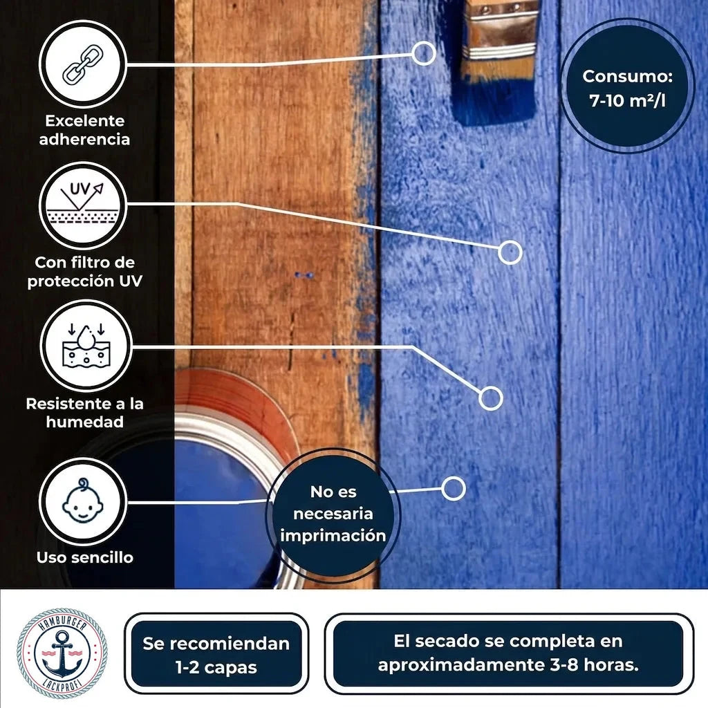 Pintura azul para madera con excelente adherencia, protección UV, resistente a la humedad y de fácil uso.