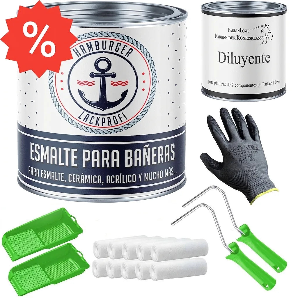 Kit pintura para bañeras: esmalte Hamburger Lackprofi, diluyente 2K/400, rodillos, bandejas, guantes. ¡Oferta!