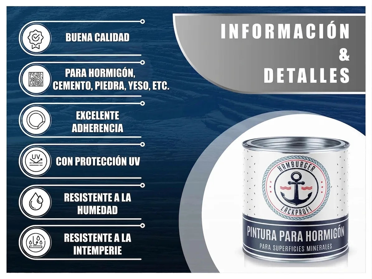 Presentación de pintura para hormigón con sus características: calidad, adhesión, resistencia a UV/humedad.