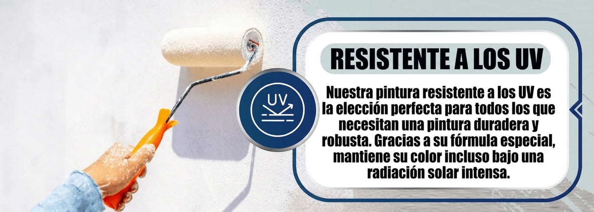 Pintura blanca resistente a los rayos UV siendo aplicada en una pared con rodillo. Promete durabilidad y protección solar.
