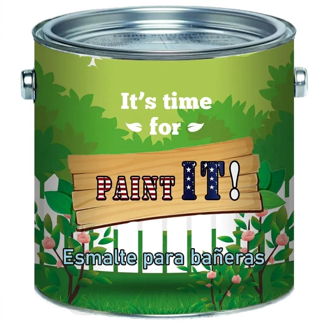 Lata de pintura verde con diseño de jardín, texto 'It's time for Paint It!' y 'Badewannenlack' (pintura para bañeras).