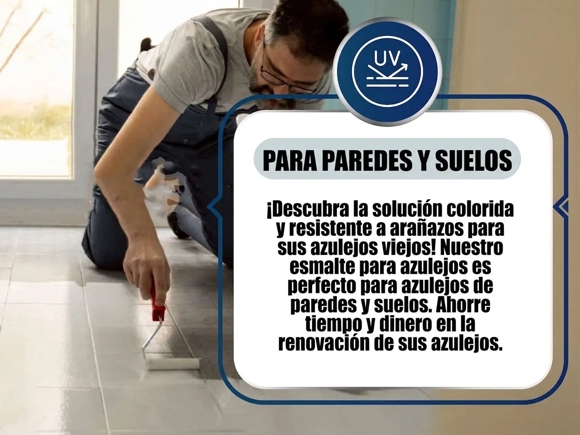 Hombre pinta azulejos con pintura para baldosas. Solución UV resistente a rayones para paredes y pisos, ahorra tiempo y dinero.