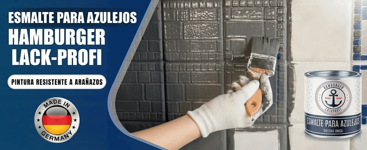 Persona pintando azulejos con pintura gris. Lata de pintura Fliesenlack Hamburger Lack-Profi, resistente a arañazos.