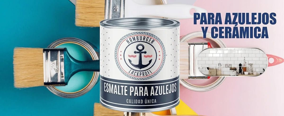 Bote de pintura para azulejos 'Fliesenlack' con ancla. Pinceles y latas de pintura. Texto principal: 'PARA AZULEJOS Y CERÁMICA'.