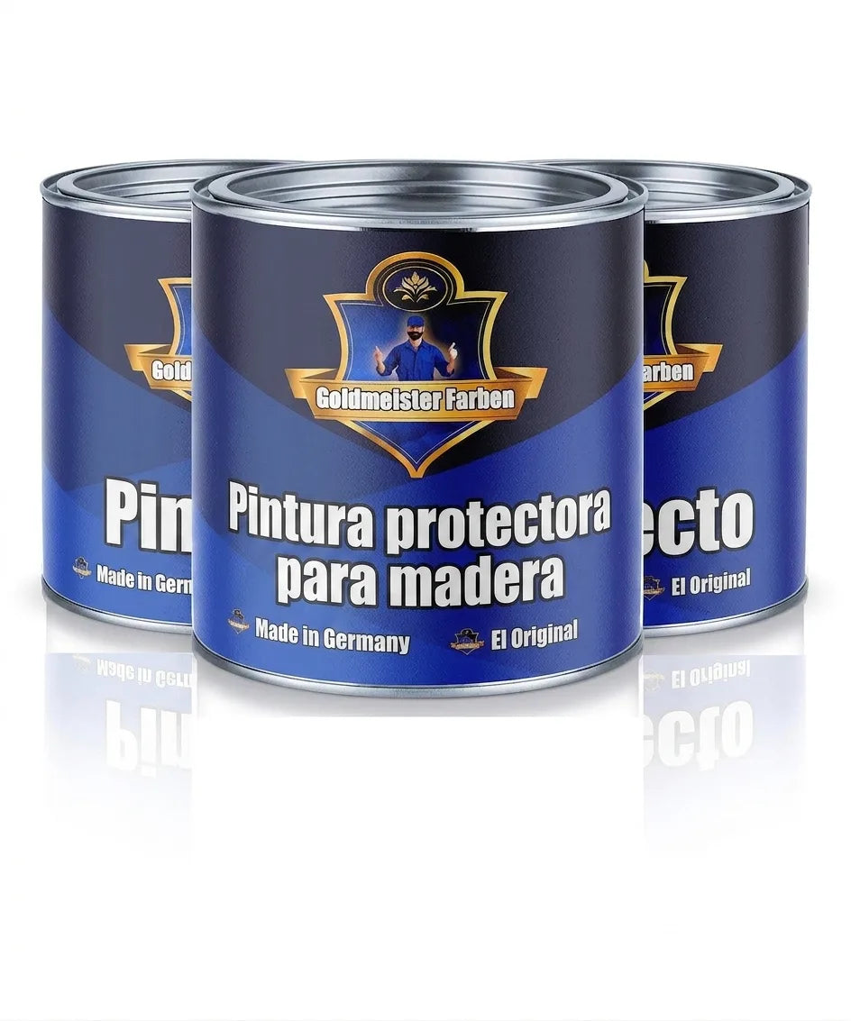 Tres botes de pintura Goldmeister Farben para protección de madera, 'Made in Germany' y 'Das Original'.