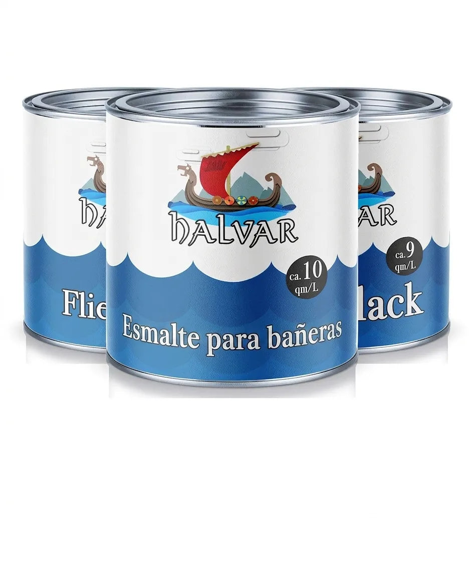 Tres latas de pintura HALVAR para bañeras (Badewannenlack) con diseño de barco vikingo y rendimiento.