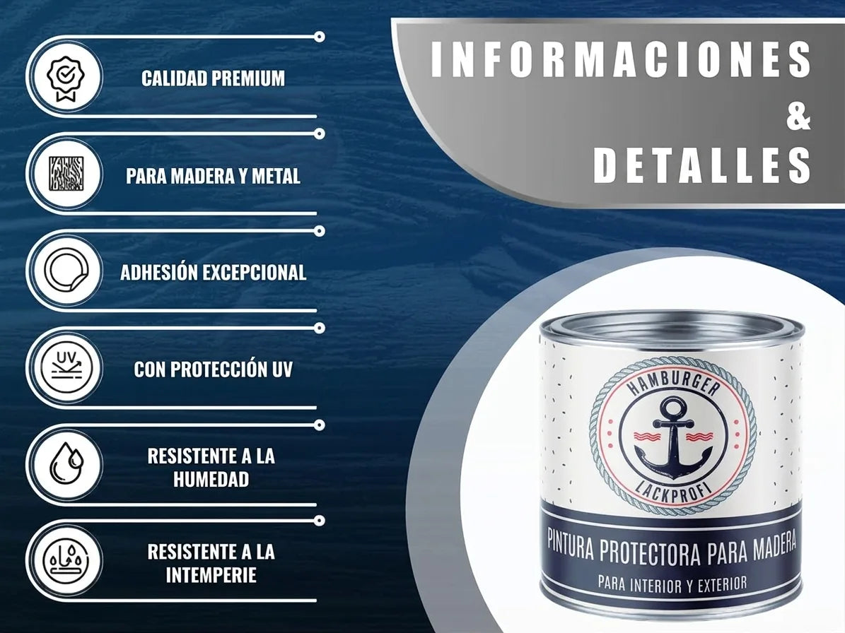 Pintura protectora para madera y metal con protección UV, resistente a la humedad y al clima.
