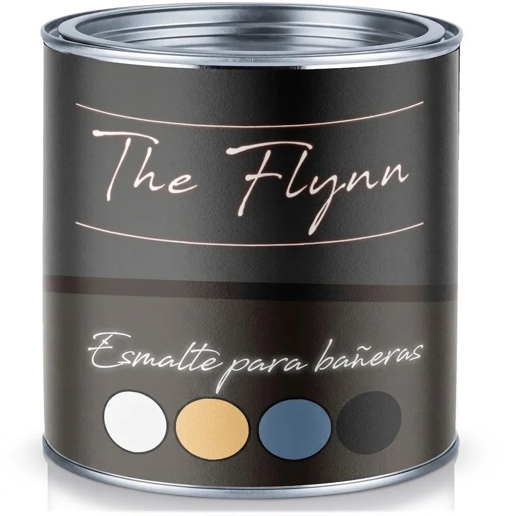 Lata de pintura The Flynn Badewannenlack para bañeras con muestras de colores blanco, beige, azul y negro.
