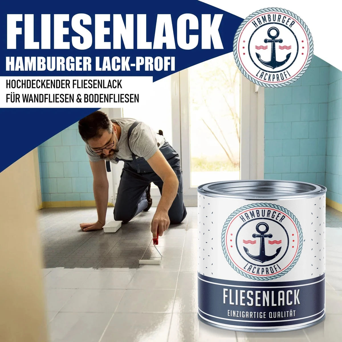 Hombre pintando azulejos del suelo con esmalte de alta cobertura Hamburger Lack-Profi Fliesenlack.