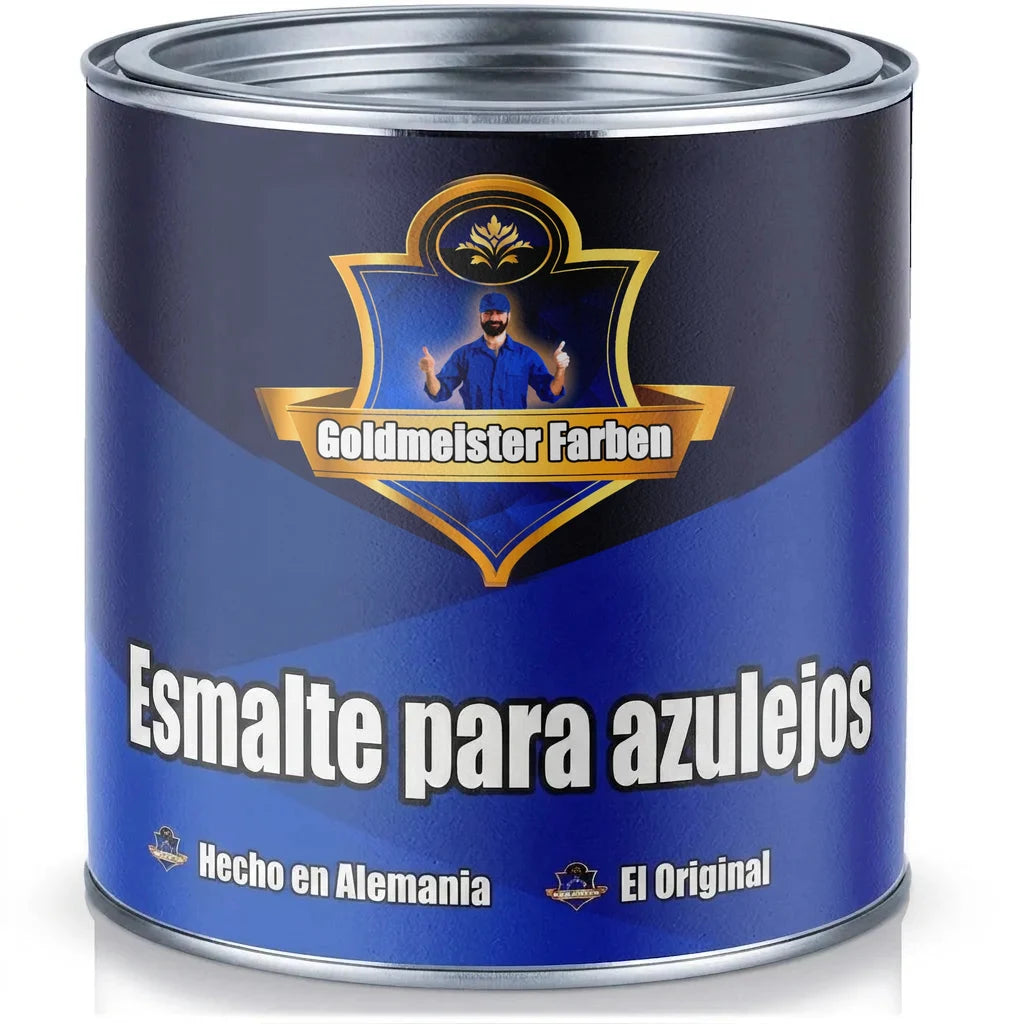 Lata de pintura azul Goldmeister Farben para azulejos, con etiqueta dorada y texto promocional.