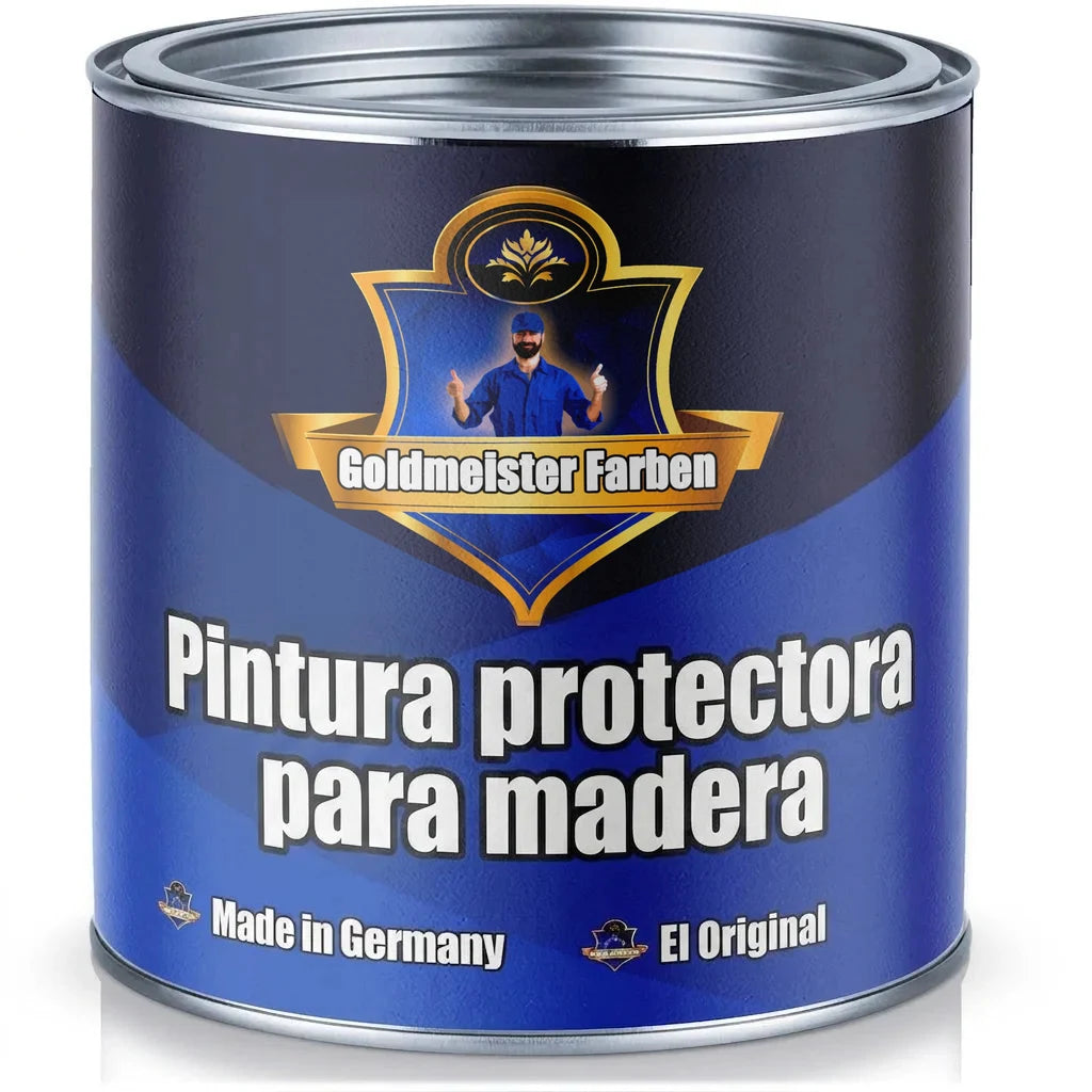 Bote de pintura azul Goldmeister Farben Holzschutzfarbe para protección de madera, 'Hecho en Alemania, El Original'.