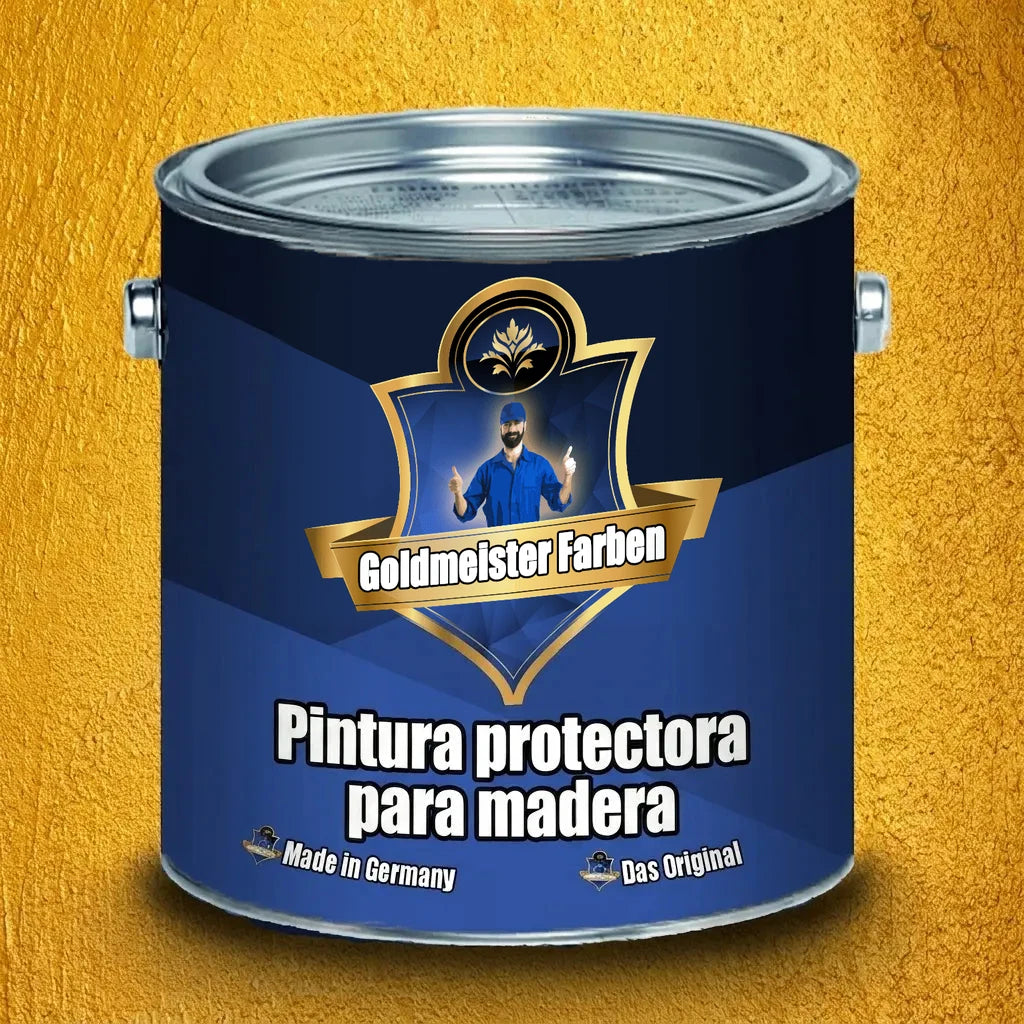 Bote de pintura azul oscuro con la etiqueta 'Goldmeister Farben' y 'Holzschutzfarbe', promocionando 'Made in Germany' y 'Das Original'.