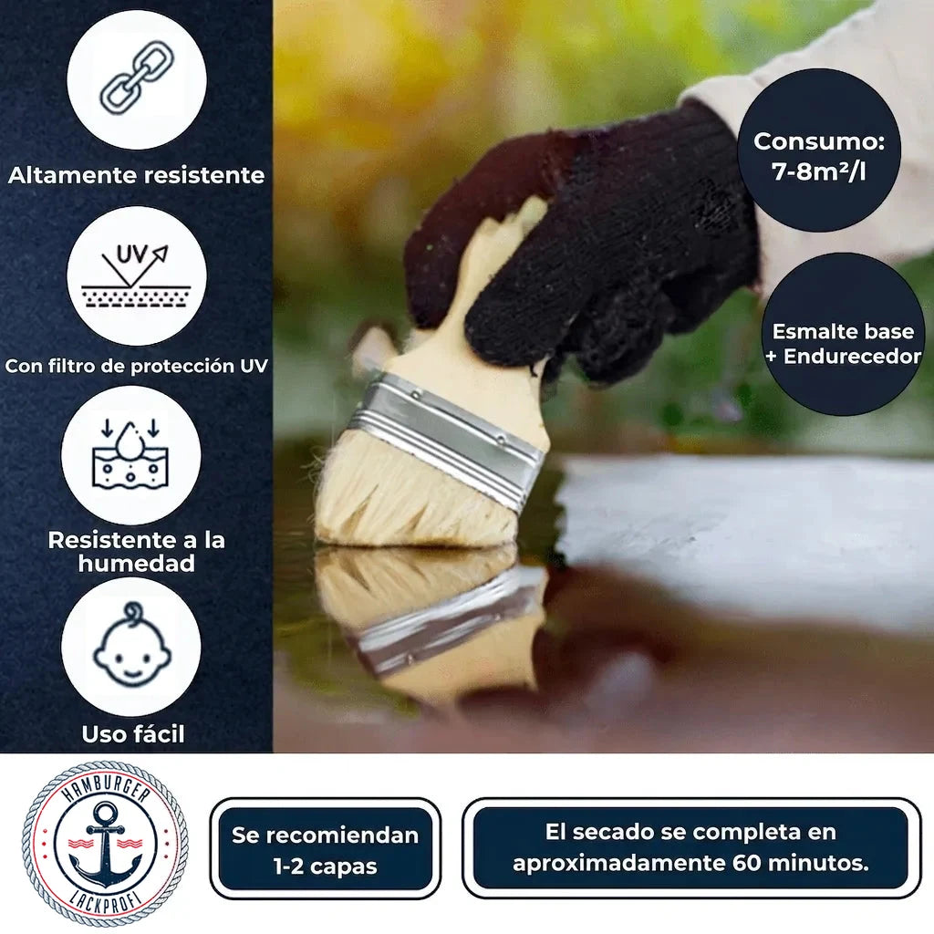Mano aplicando laca protectora con brocha. Destaca durabilidad, protección UV, resistencia a humedad y secado en 60 min.