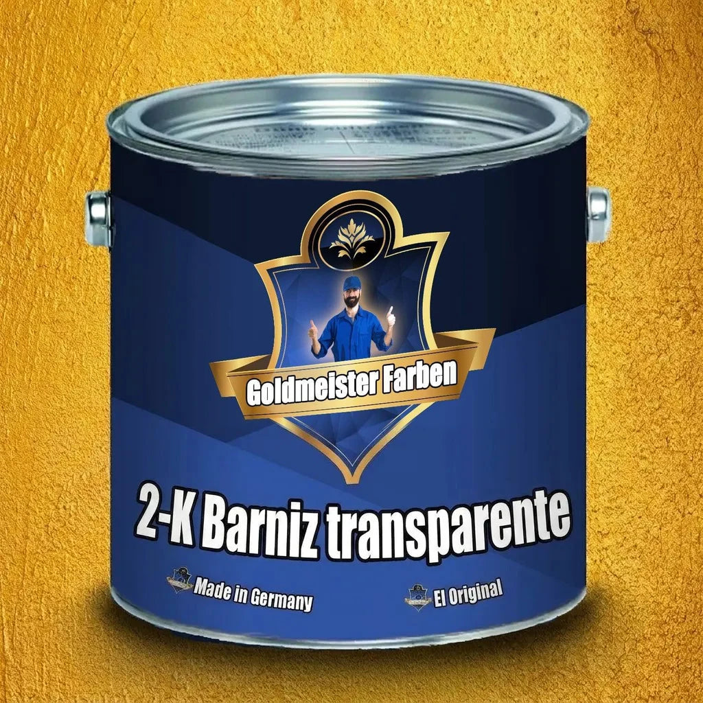 Bote de pintura azul con la marca 'Goldmeister Farben', un hombre sonriente y texto '2-K Klarlack', 'Das Original'.