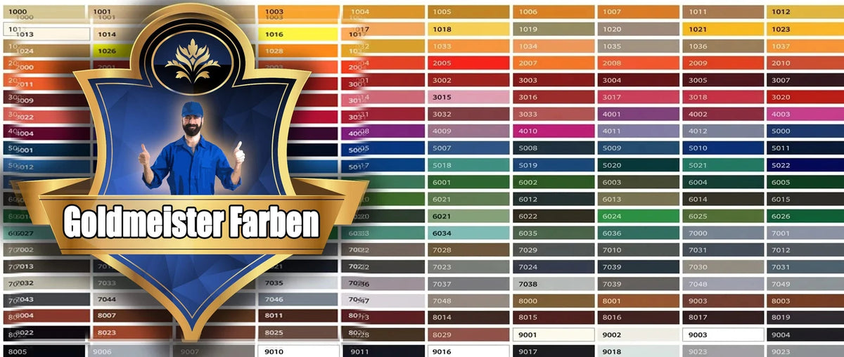 Carta de colores Goldmeister Farben con tabla de códigos RAL, logo de la marca y un hombre sonriente en uniforme azul.
