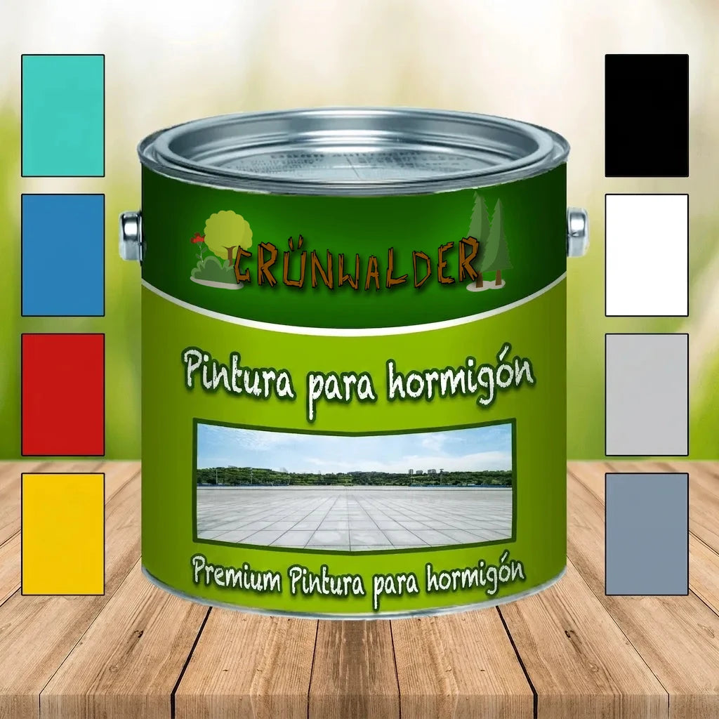 Bote de pintura Grünwalder Betonfarbe con etiqueta verde y muestras de color variadas.