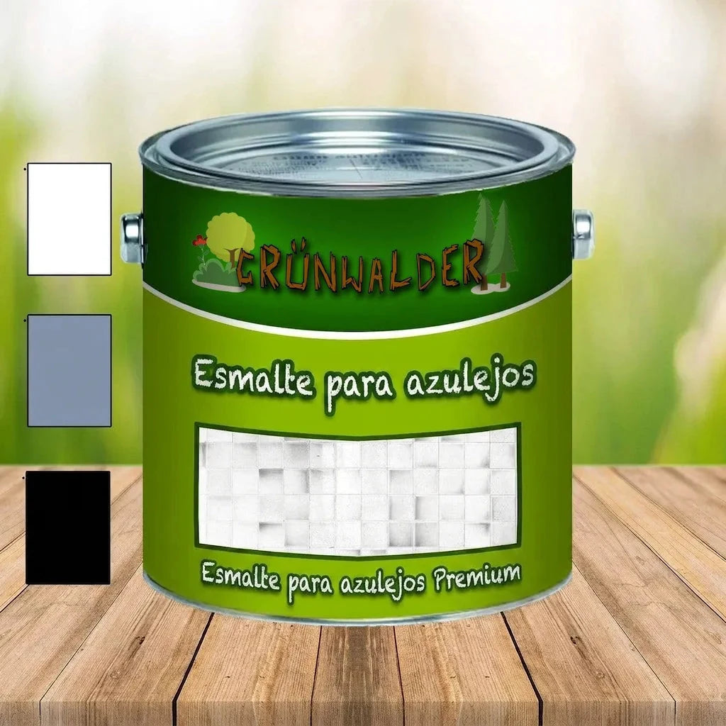 Bote de pintura Grünwalder para azulejos, esmalte premium, colores blanco, gris y negro.
