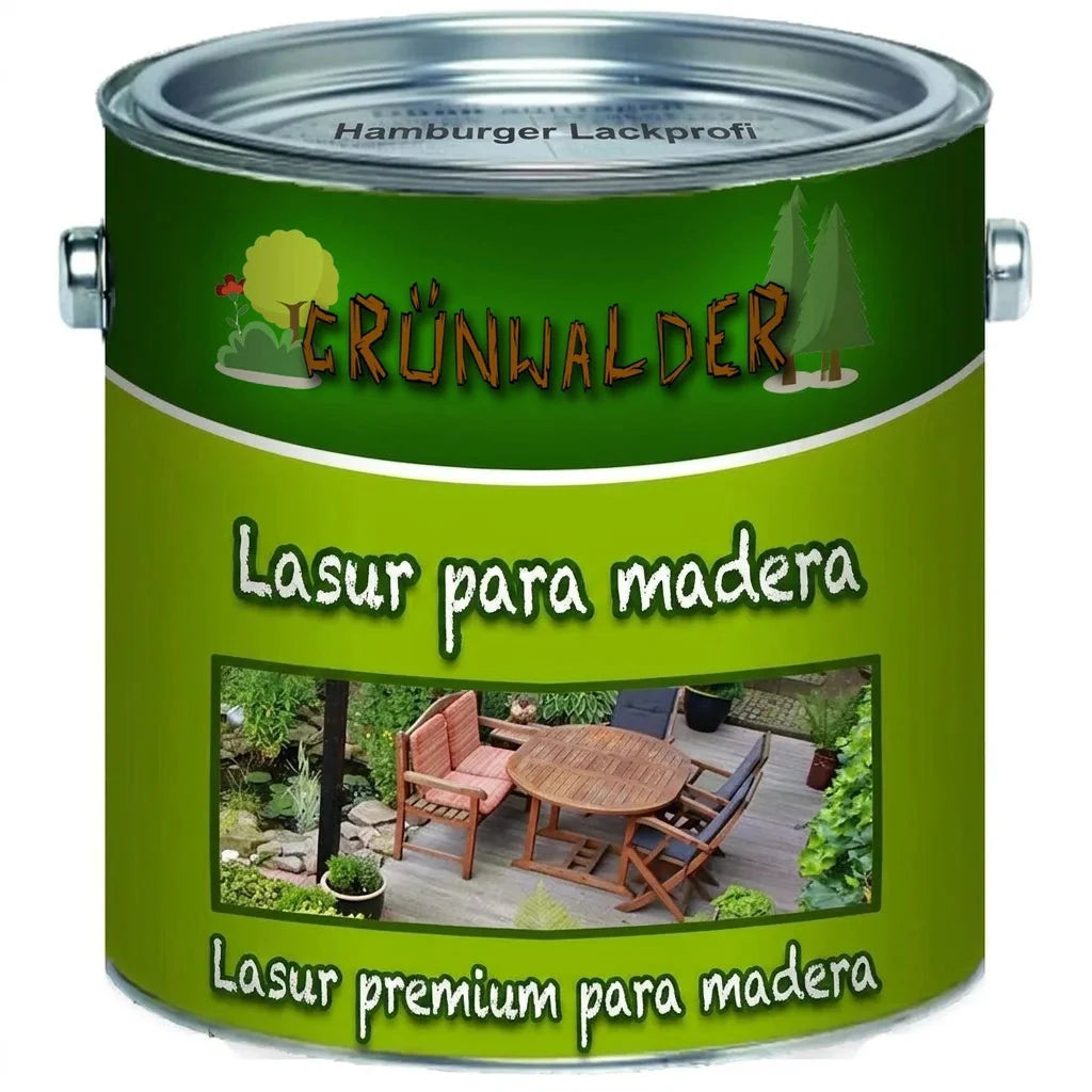 Lata de lasur premium para madera Grünwalder, con etiqueta verde y foto de mobiliario de jardín.