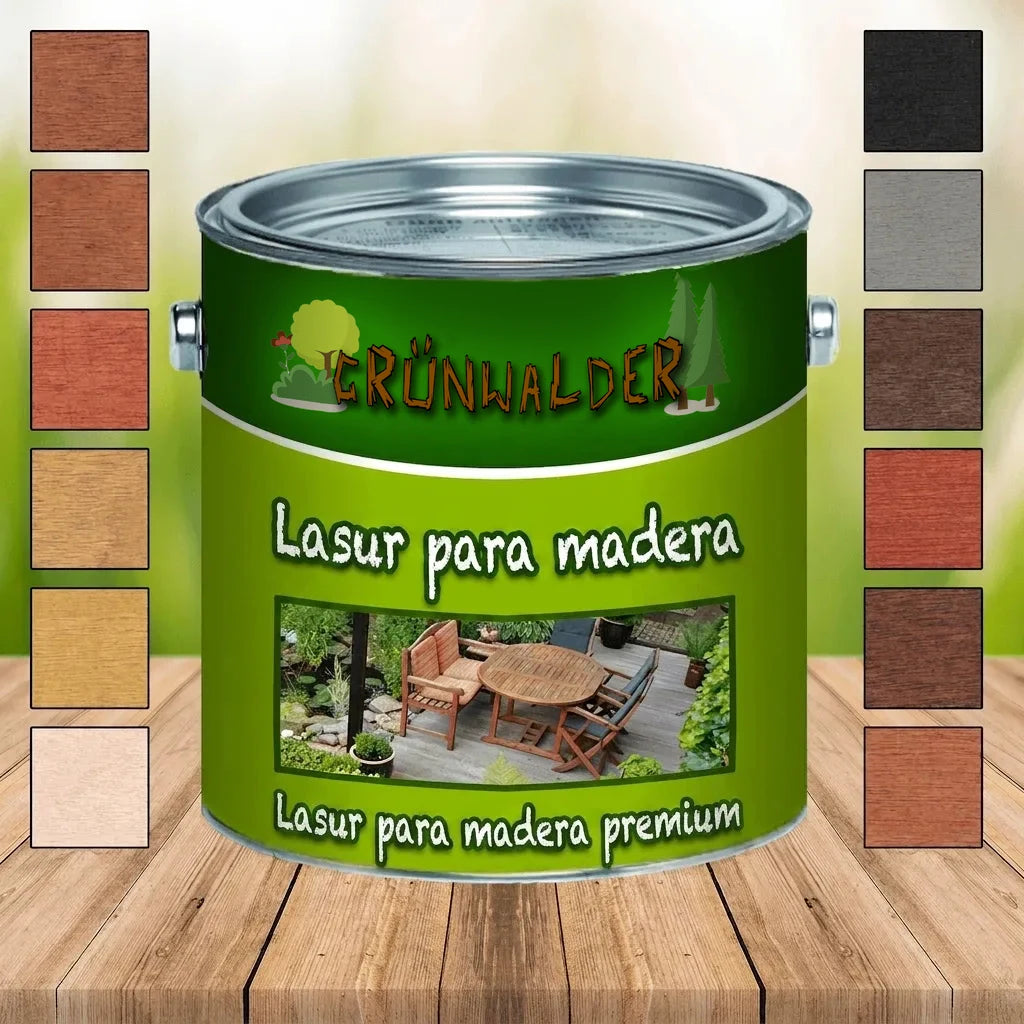 Bote de lasur de madera GRÜNWALDER Premium con muestras de color para diferentes tonos de madera y mesa de jardín.