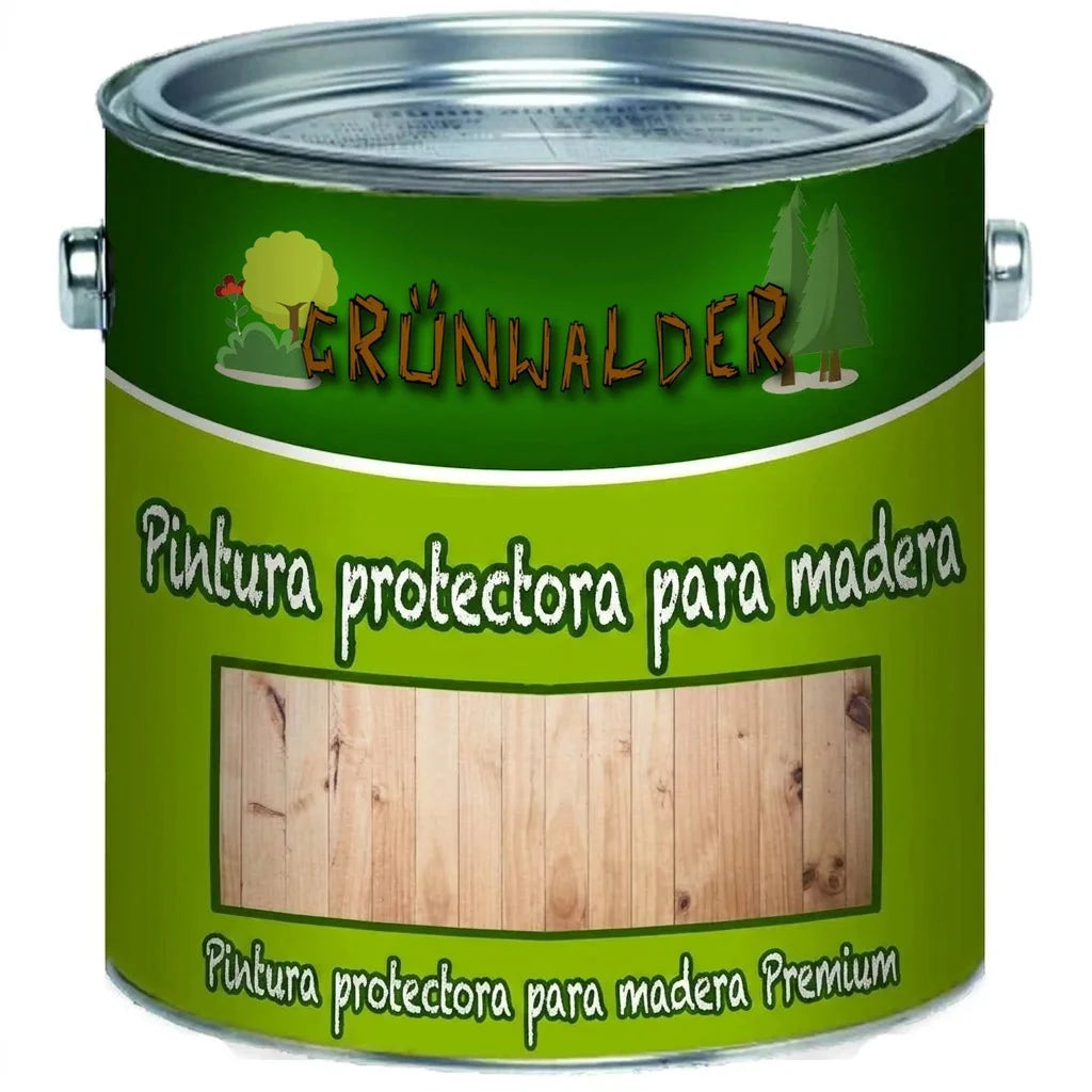 Lata de pintura verde Grünwalder con texto 'Holzschutzfarbe' y 'Premium Holzschutzfarbe', mostrando un panel de madera.