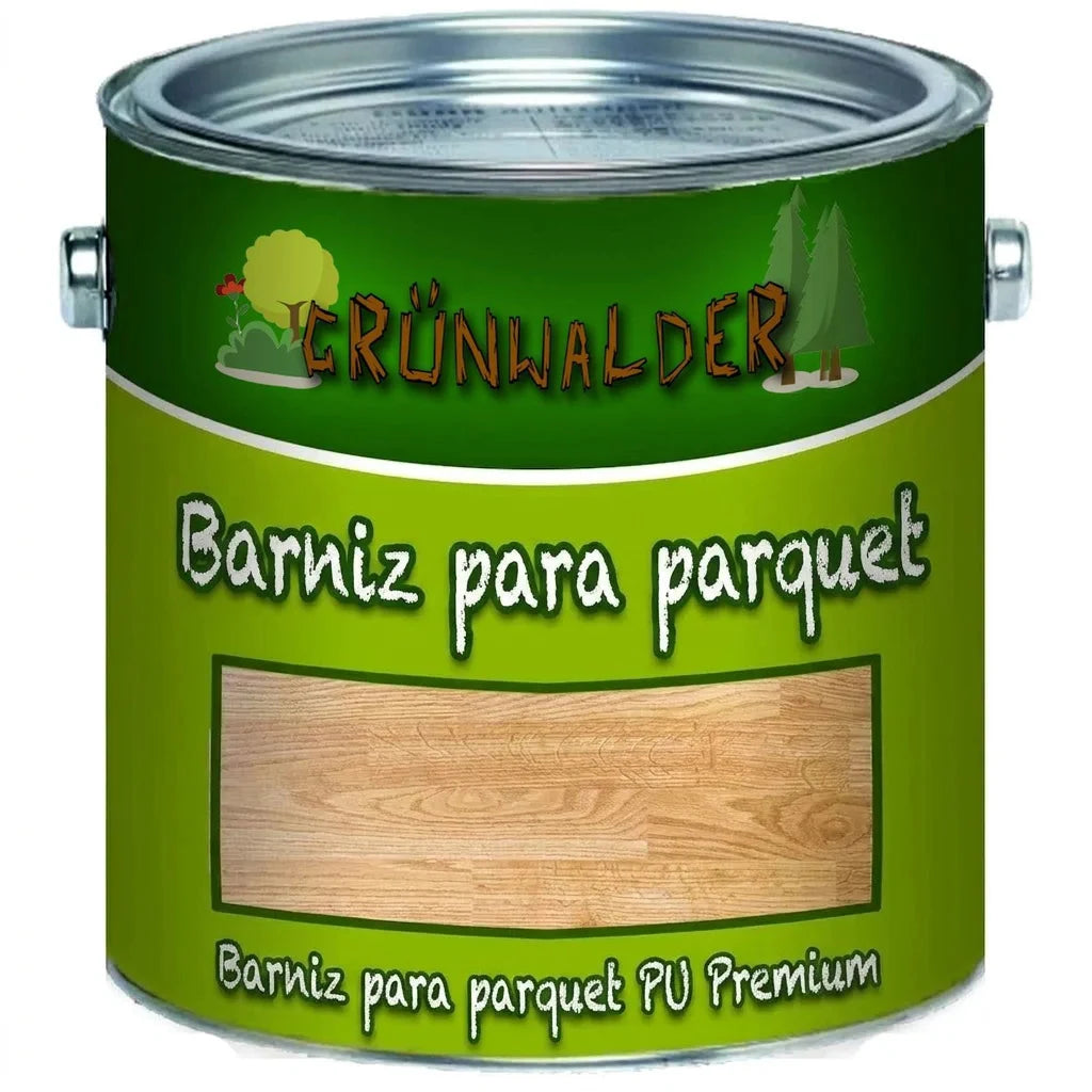 Bote de laca para parquet Grünwalder Premium PU con etiqueta verde brillante y diseño de árboles.