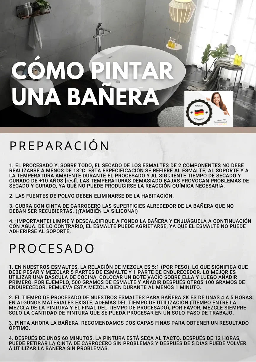Instrucciones detalladas en alemán: Cómo pintar una bañera. Baño moderno con bañera blanca.