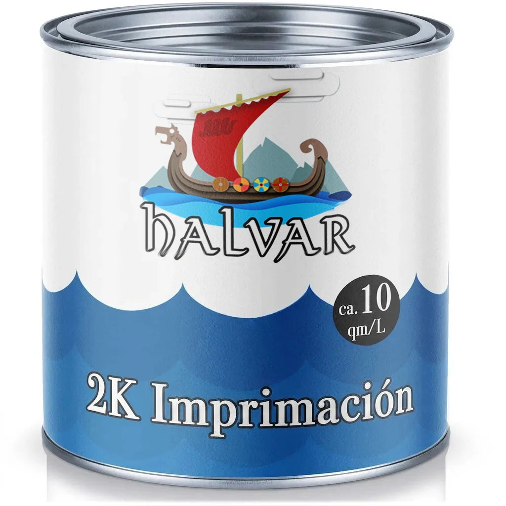 Bote de imprimación de 2 componentes HALVAR con rendimiento de 10 m²/L y logo de barco vikingo.