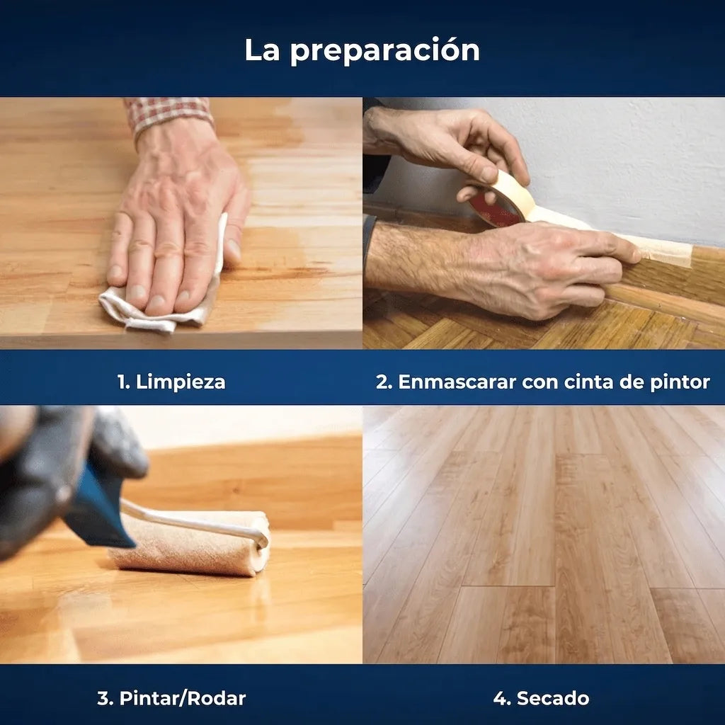 Pasos de preparación para aplicar acabado a madera: limpieza, encintado, aplicación y secado.