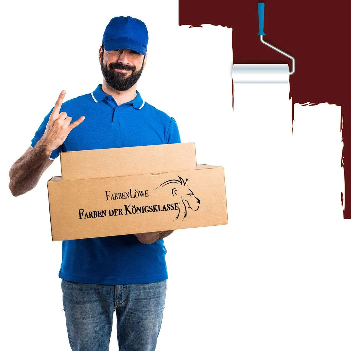 Repartidor sonriente con cajas de pintura FarbenLöwe, colores de clase real, y rodillo pintando una pared.