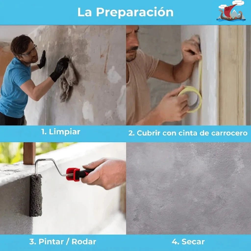 Pasos de preparación de superficie: 1. Limpiar, 2. Cubrir con cinta de pintor, 3. Pintar/Rodillar, 4. Secar.