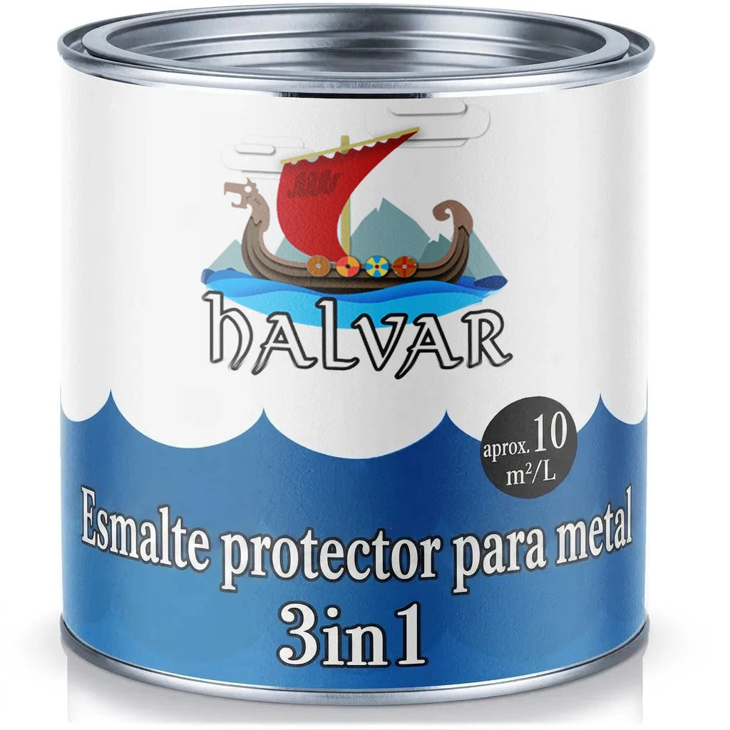 Lata de pintura HALVAR de laca protectora de metal 3 en 1, con logo de barco vikingo y rendimiento de 10 m²/L.