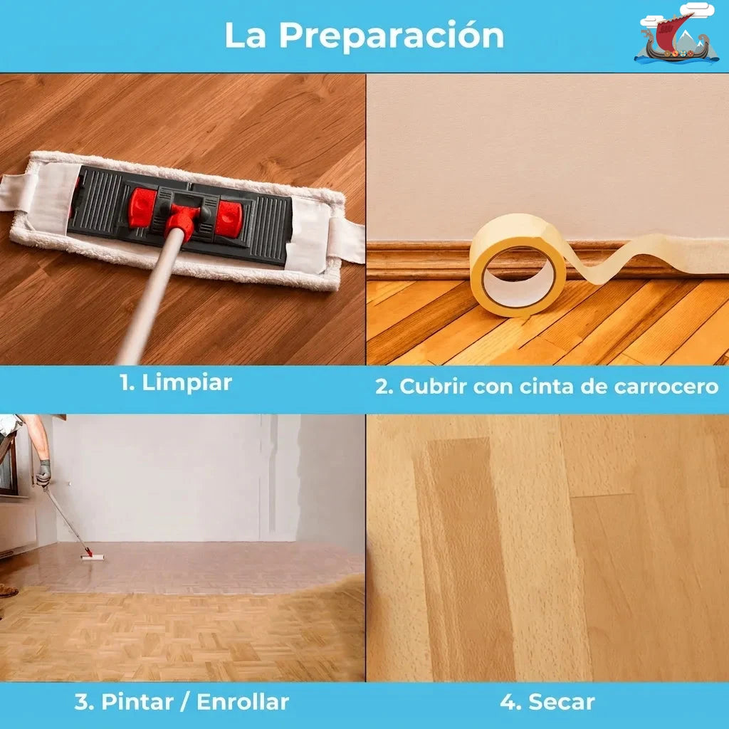 Instrucciones paso a paso para el tratamiento de pisos de madera: limpiar, encintar, pintar/rodar y secar.