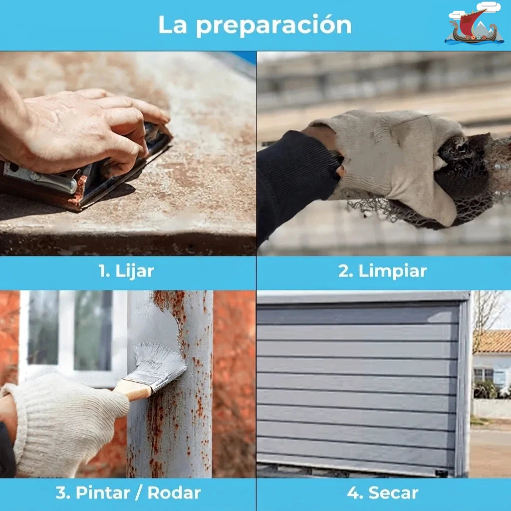Pasos de preparación de superficies: 1. Lijar, 2. Limpiar, 3. Pintar/Rodillo, 4. Secar. Texto en alemán.
