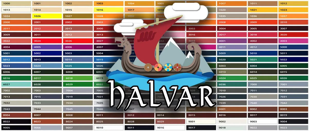Carta de colores RAL con tonos numerados, ilustrada con un barco vikingo y montañas, y el nombre Halvar.