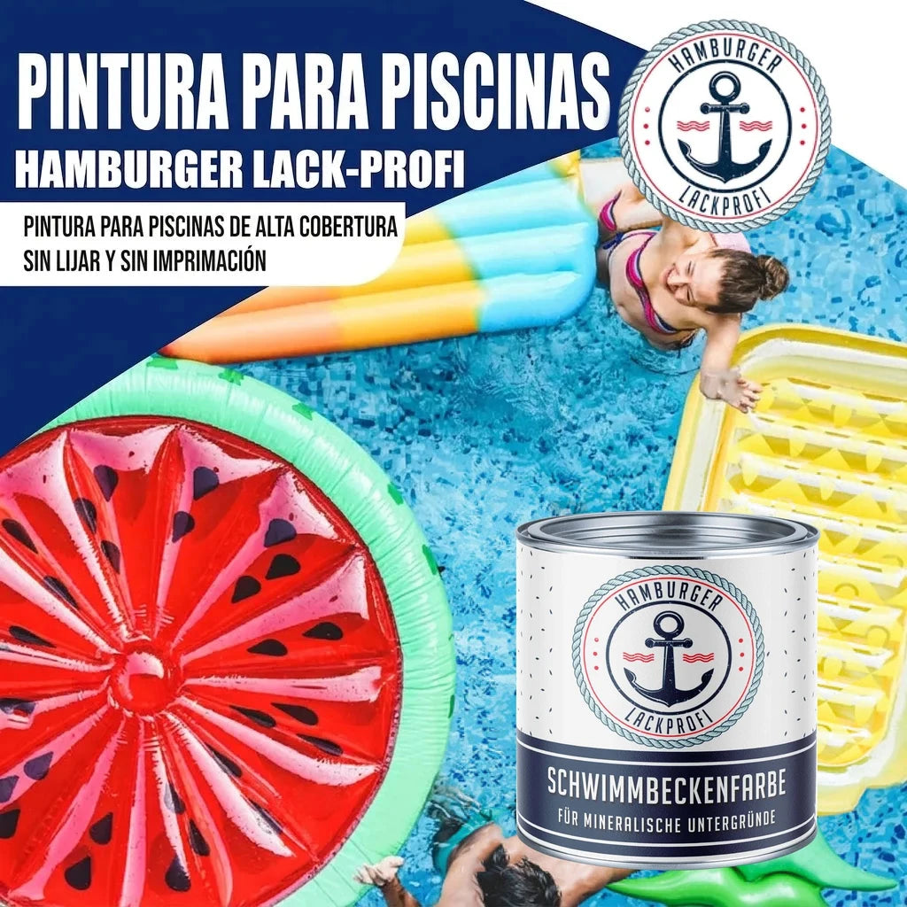 Pintura para piscina Hamburger Lack-Profi. Mujer en piscina con flotadores y lata de "SCHWIMMBECKENFARBE".
