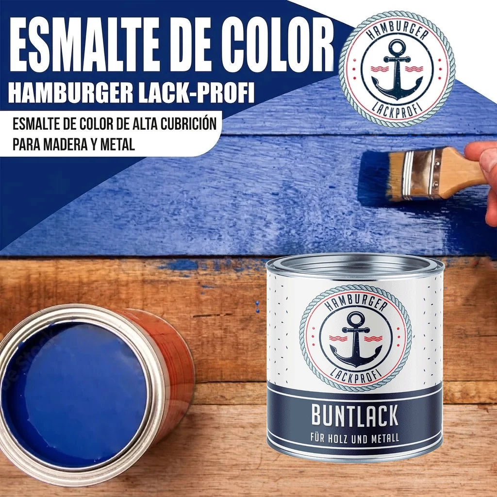 Pintura azul "BUNTLACK FÜR HOLZ UND METALL" de Hamburger Lack-Profi, aplicándose sobre madera.