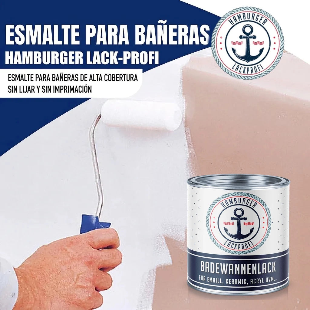 Esmalte para bañeras Hamburger Lack-Profi. Pintando una bañera con un rodillo y lata de "BADEWANNENLACK".