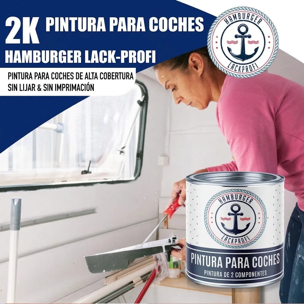 Mujer pintando el interior de una caravana con pintura 2K Autolack de alta cobertura sin lijar ni imprimar.