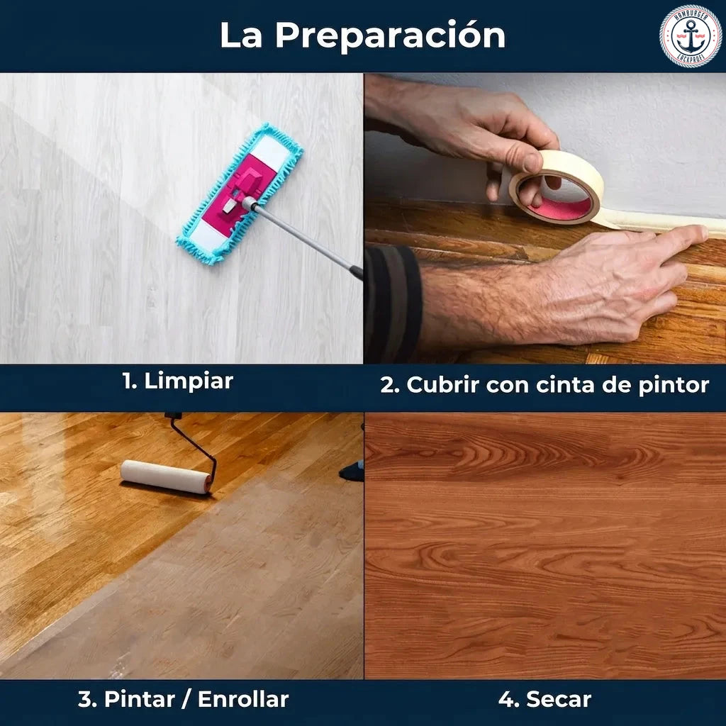 Imagen con cuatro paneles que muestran los pasos para preparar y tratar un suelo de madera: 1. Limpiar, 2. Cubrir con cinta de pintor, 3. Pi