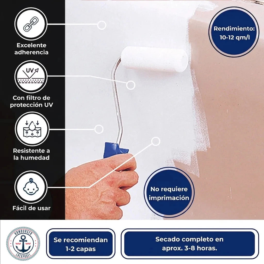Beneficios de pintura: adherencia superior, protección UV, antihumedad, fácil aplicación, sin imprimación.